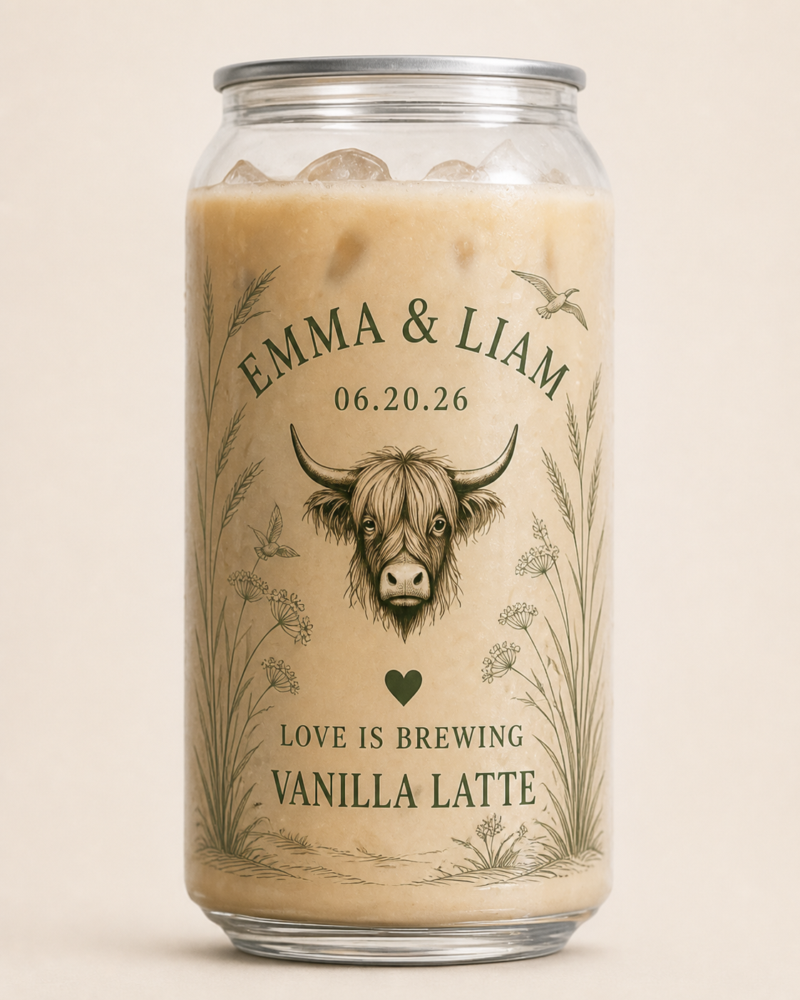 Coastal botanical personalized wedding coffee can for Emma and Liam