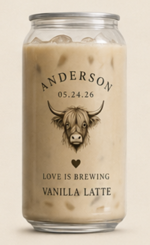 Personalized iced vanilla latte can for a wedding