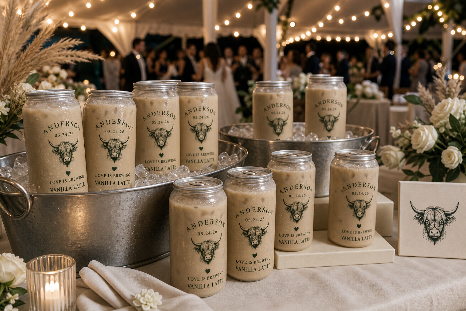 A wedding grab-and-go station filled with chilled Coastal Cow latte cans